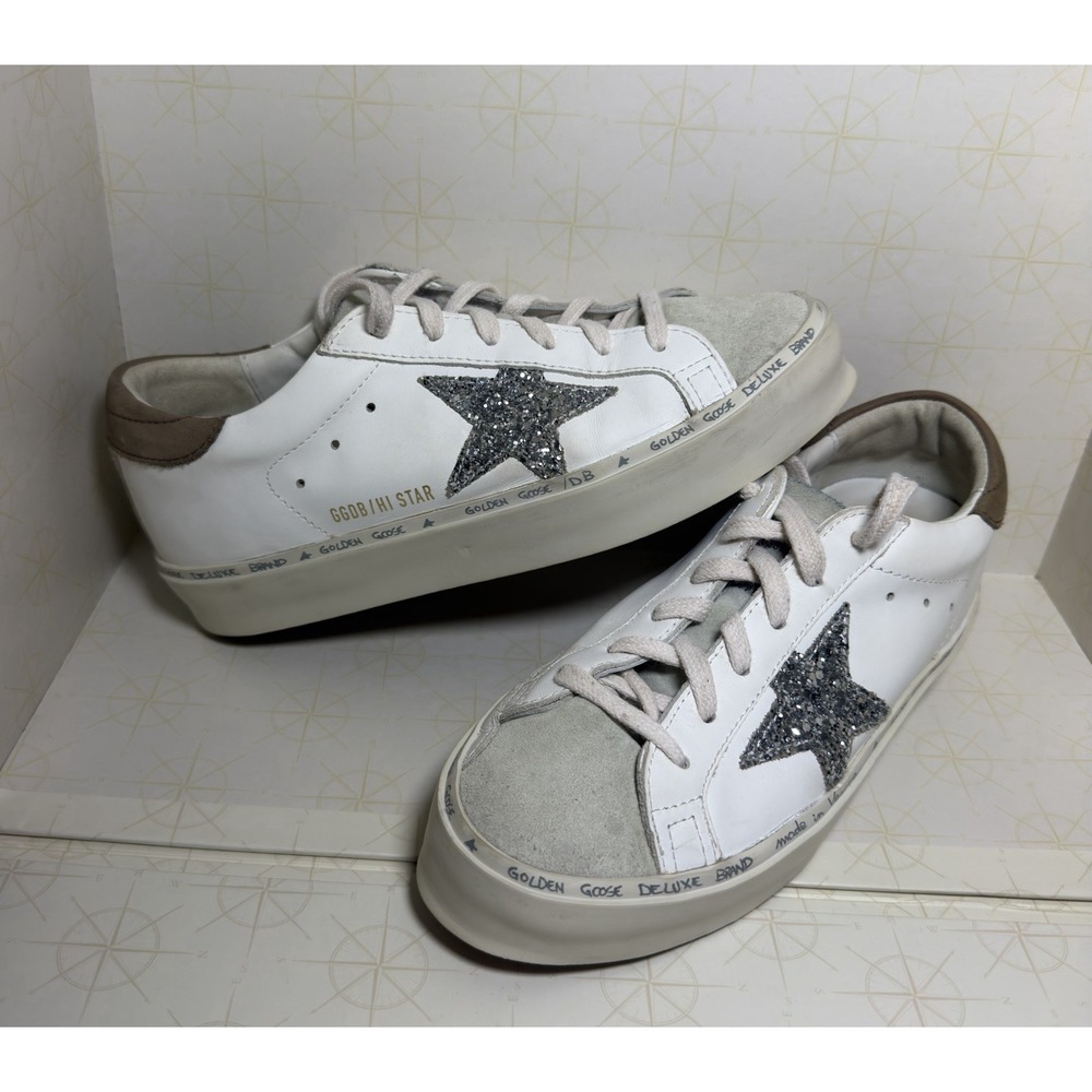 Golden Goose Brand Hi Star Sneakers White Silver Glitter Size 37 US 7